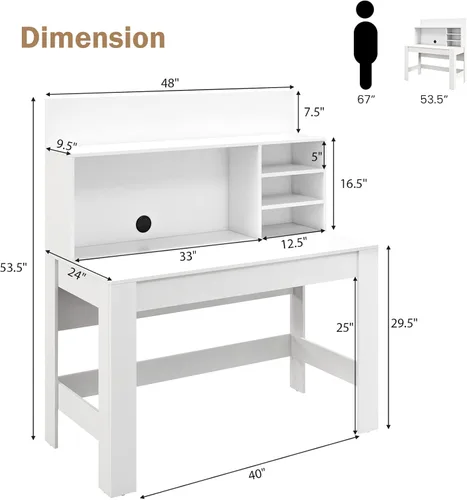 Miniatura 3 de Tangkula Escritorio blanco con gabinete, escritorio de oficina en casa con estantería, escritorio de estudio de escritura con dispositivo anti-caída
