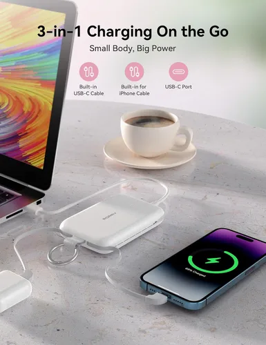 Miniatura 4 de RORRY CharmGo - Cargador portátil, 10000 mAh PD 30 W, cargador portátil de carga rápida con cables integrados, llavero de viaje para iPhone Negro