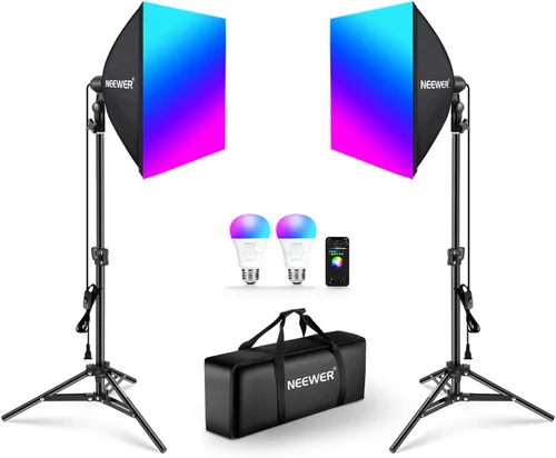 Miniatura 16 de NEEWER Paquete de 2 kits de iluminación RGB equivalente a 520 W con control de aplicación y 9 efectos, bombillas LED de 26 W CRI93+ TLCI98+