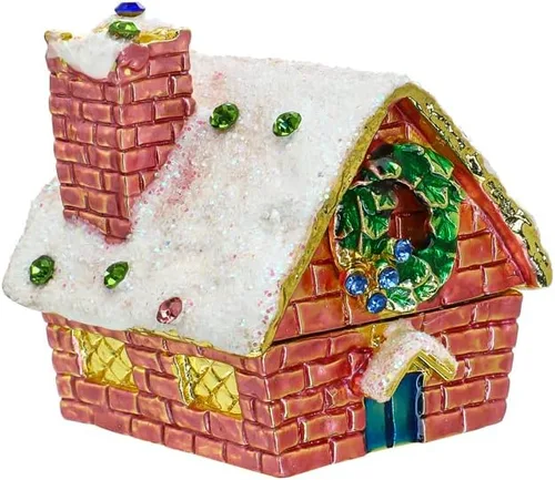 YU FENG Estatuilla de la casa de Navidad cajas de baratijas con bisagras de diamantes de imitación esmaltados joyería anillo adorno caja