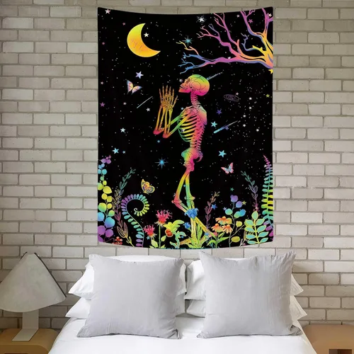 Miniatura 8 de MCKTOM Divertido tapiz de pared con luz negra, diseño de calavera y luna, diseño de esqueleto, meditación, espiritual, trippy, bohemio, flores