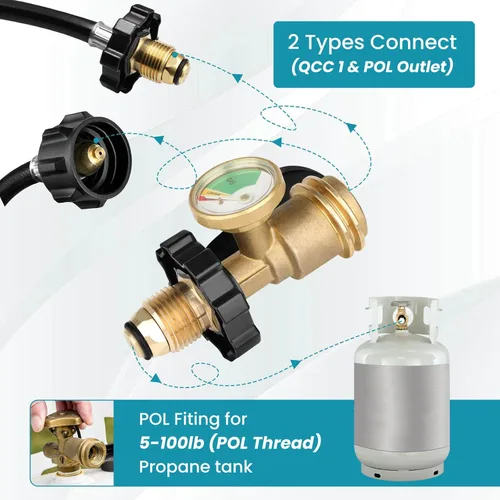 Miniatura 3 de Adaptador de Tanque de Propano de 100 lb, Medidor de Propano para Tanque de Propano de 100 lb, Adaptador de Tanque de Propano Pol a Qcc1 de Ajuste