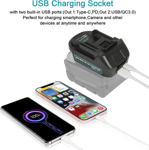Miniatura 4 de Adaptador de batería DM18M con enchufe de carga USB y tipo C compatible con baterías Dewalt de 20 V y Milwaukee de 18 V, convierte a baterías Makita