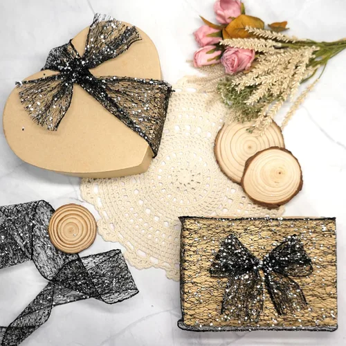 Miniatura 5 de Cinta con alambre de malla brillante con purpurina de 6 x 10 yardas, color negro para decoración del hogar, lazo para envolver regalos
