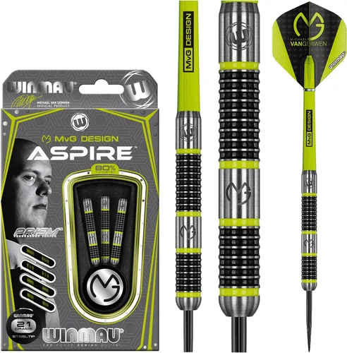 Miniatura 5 de WINMAU Michael Van Gerwen MvG Aspire - Juego de dardos con punta de acero de tungsteno con vuelos de prisma y ejes de nailon (tallos)