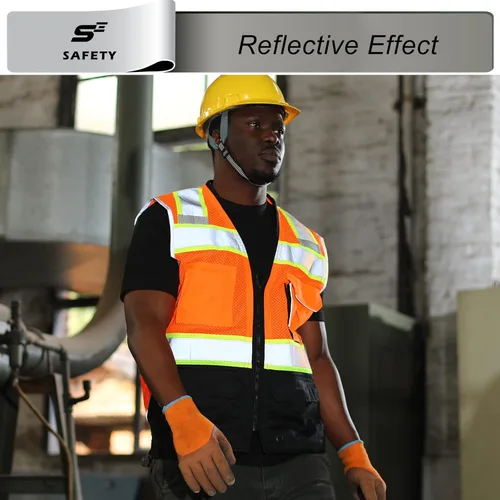 Miniatura 5 de sesafety Chaleco de seguridad con 9 bolsillos, chaleco reflectante de alta visibilidad, chaleco de seguridad, chaleco de trabajo para hombre