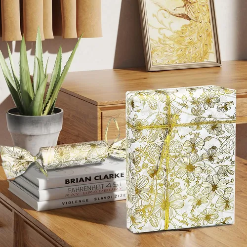 Miniatura 5 de TTLLQQ 40 hojas, 20 x 26 pulgadas, papel de seda impreso con estilo floral dorado para cajas de regalo, envoltura de regalo, manualidades, bodas