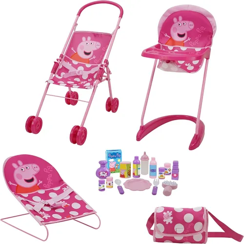 Peppa Pig: Juego de 19 piezas para muñecas Sleep N' Play, color rosa y blanco, para viajes, alimentación, incluye medio cochecito plegable, gorila,