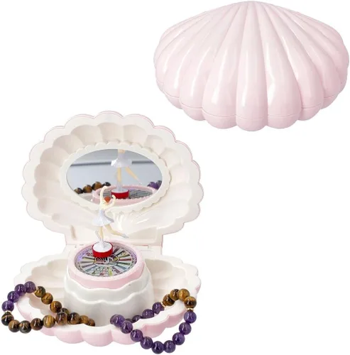 Compra caja de música LC Ballerina de color rosa claro con forma de concha para recuerdos pequeños de joyería con espejo y luz en el interior,