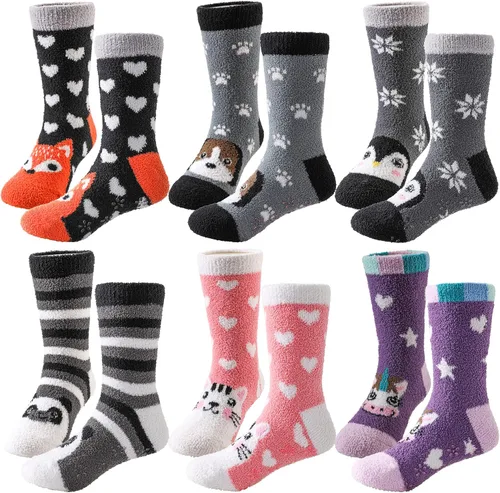 LINEMIN Calcetines peludos para niños y niñas con agarres calcetines antideslizantes acogedores y esponjosos para invierno calcetines altos cálidos