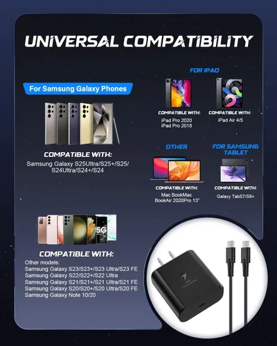 Miniatura 5 de Cargador de teléfono Android de carga súper rápida USB C de 45 W, paquete de 2 con cables duales de 6 pies, compatible con Samsung Galaxy