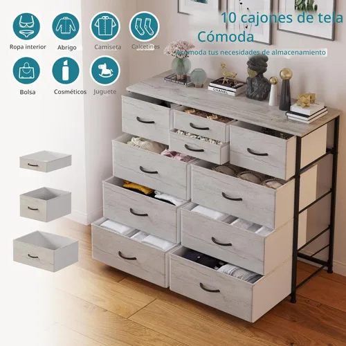 Miniatura 4 de LUMTOK Cómoda de 10 cajones, cajones de cómoda de almacenamiento de tela para dormitorio, pasillo, guardería, armarios, marco de acero, parte 10