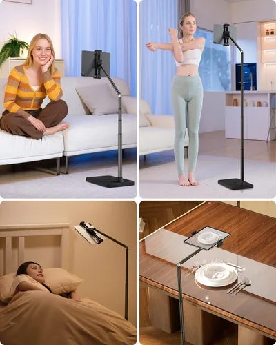 Miniatura 2 de Viozon Soporte de suelo para tableta, soporte ajustable en altura y ángulo para tablet con tubo de brazo de aleación de aluminio, rotación de 360°