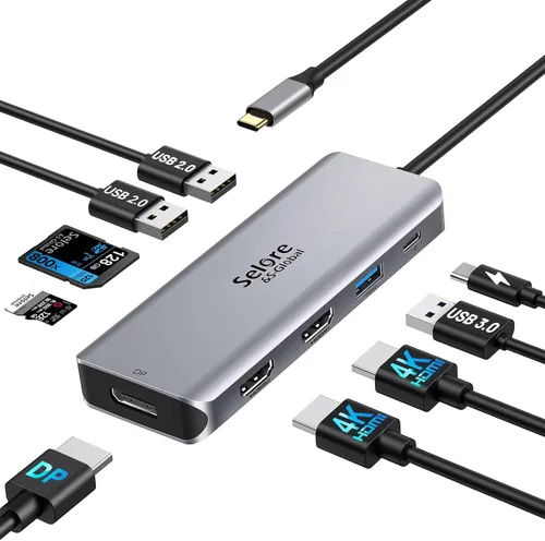 Estación de acoplamiento USB C Monitor dual, estación de acoplamiento de triple pantalla USB C 9 en 1 a adaptador HDMI dual Displayport SD TF lector