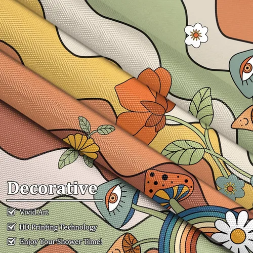 Miniatura 4 de Renaiss Juego de cortinas de ducha de 60 x 72 pulgadas, diseño de hongos bohemios, retro de los años 70, flores naranjas florales, divertidas