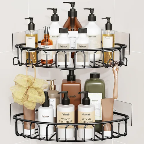 Miniatura 15 de Orimade Organizador de ducha esquinero con 2 ganchos montado en la pared de metal para baño, organizador de almacenamiento, adhesivo, sin Negro mate