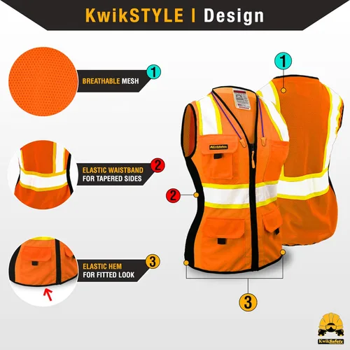 Miniatura 3 de KwikSafety - Charlotte, NC - Chaleco de seguridad para mujer, tiras reflectantes de alta visibilidad, cumple con ANSI y OSHA Naranja