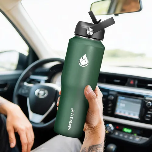 Miniatura 5 de SENDESTAR Botella de Agua de 32 oz de Boca Ancha de Acero Inoxidable con Aislamiento al Vacío de Doble Pared con Tapas de Pajita que Cabe en Verde