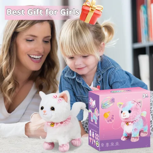 Miniatura 7 de Jimate Juguete electrónico interactivo de peluche robot que camina y ladra, gato de peluche con control remoto para niñas (gato blanco)