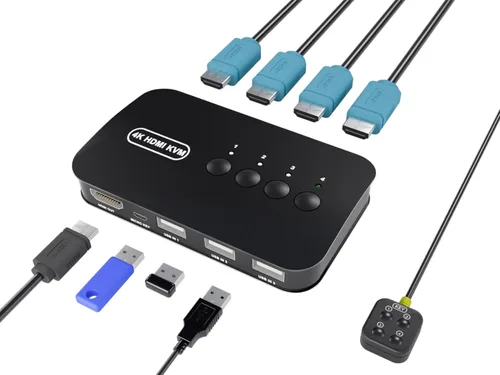 Conmutador KVM HDMI de 4 puertos - KVM USB para 4 computadoras Compartir Teclado Impresora Ratón, Unidad Flash, Monitor HD, Soporte 4K @30Hz, 4