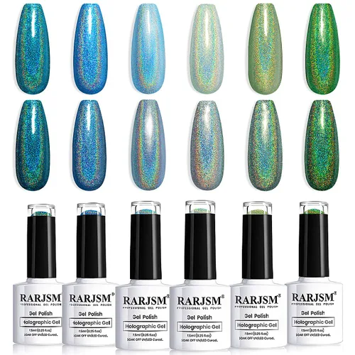 RARJSM Juego de esmaltes de gel holográfico, color verde turquesa, kit de esmalte de uñas de gel con purpurina, colección de verano, 6 unidades de