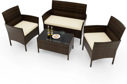 Miniatura 17 de RELAX4LIFE Juego de muebles de patio de 4 piezas – Juego de muebles de ratán para conversación al aire libre con cojines, mesa de centro de cristal