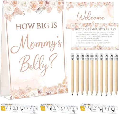 64 juegos de Guess Baby Shower incluyen How Big is Mommy's Belly Sign 50 tarjetas de adivinanzas, 10 lápices, 3 cintas métricas para medir el