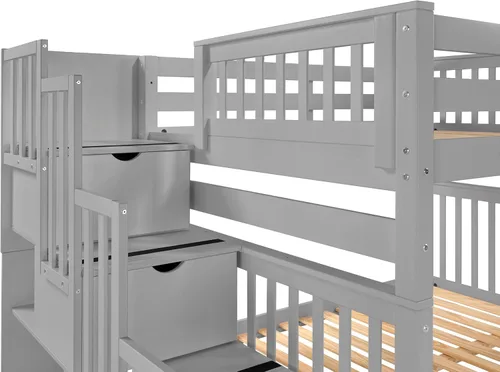 Miniatura 7 de Bedz King Literas de escalera de tamaño matrimonial sobre matrimonial con 4 cajones en los escalones y un nido completo, color gris Cerezo oscuro