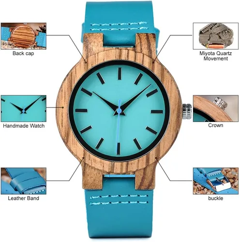 Miniatura 6 de BOBO BIRD Reloj de madera de bambú para hombre y mujer con correa de cuero de vaca azul, relojes casuales para el amor con caja
