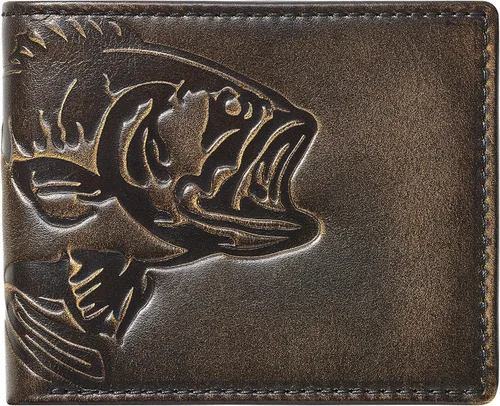 HOJ Co BASS FISH - Cartera plegable con identificación abatible Cuero de grano completo con pulido a mano Cartera de cuero para hombre Regalo de