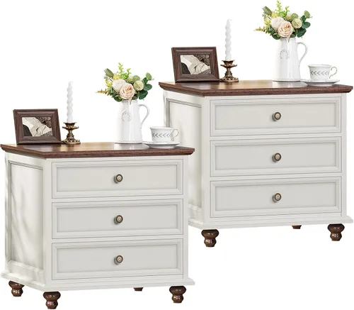 Miniatura 37 de Joaxswe Mesita de noche estilo granja con estación de carga, mesa auxiliar de 61 cm de ancho con 2 cajones, cómoda natural para dormitorio, cómoda