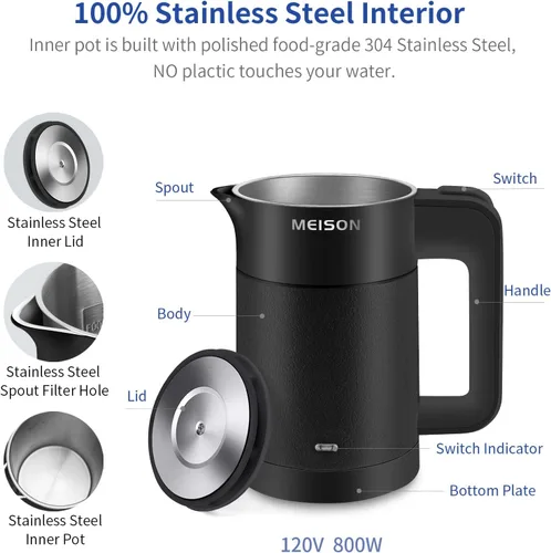 Miniatura 2 de 0.6L Hervidor Eléctrico Pequeño de Acero Inoxidable, Calentador de Agua Caliente Portátil de Pared Doble, Tetera de Té Mini de Tacto Frío, Apagado