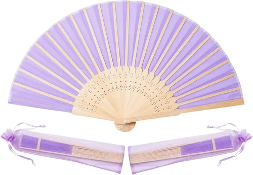 Miniatura 6 de Sepwedd 50pcs azul imitación seda tela bambú plegable mano ventilador novia baile accesorios iglesia boda fiesta favores con bolsas de organza