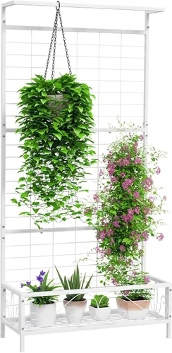 Outsunny Soporte alto para plantas con enrejado y barra para colgar, soporte de metal para plantas trepadoras, flores, uso en interiores y Blanco