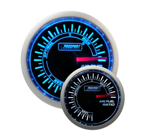 Miniatura 11 de Prosport Performance Medidor de relación de combustible aire de banda ancha Crystal Blue Series Lente ámbar/blanco transparente con puntero blanco