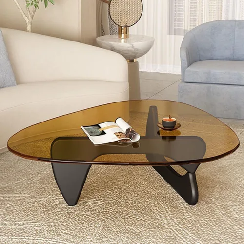 Miniatura 4 de Mesa auxiliar de cristal triangular, simple y moderna, mesa auxiliar vintage de vidrio y base de madera maciza, mesa auxiliar para sala de estar