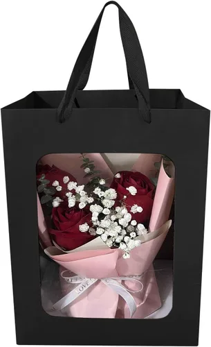 Miniatura 3 de BallHull 12 bolsas de regalo de papel kraft negro con ventana transparente, bolsas de compras kraft de 9.84"x7.0"x5.12" con asas para ramos