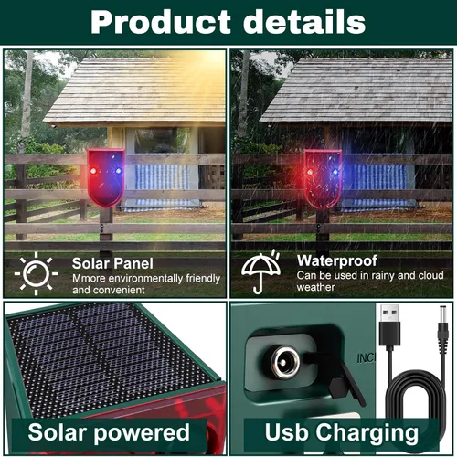 Miniatura 7 de Qualirey Paquete de 2 alarmas solares con sensor de movimiento para exteriores, ultrasónico, disuasorio, 13 sonidos, 130 dB, generador de ruido