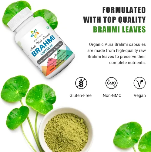 Miniatura 3 de Organic Aura Cápsulas Brahmi -120 unidades. Fortalece y aumenta naturalmente la inmunidad y la memoria. Superalimento verde entero. Sin OMG, sin