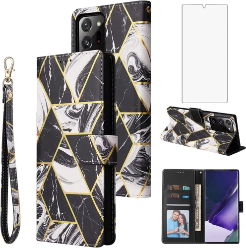 Asuwish Compatible con Samsung Galaxy Note 20 Glaxay Note20 5G Funda tipo cartera de vidrio templado, protector de pantalla de cuero con tapa para