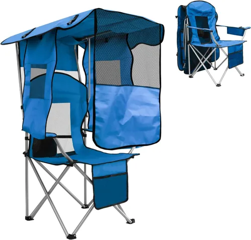 Miniatura 10 de Silla de camping BDL con toldo plegable portátil, sillas de playa con enfriador, respaldo de malla, portavasos y bolsillo para acampar, pesca, playa