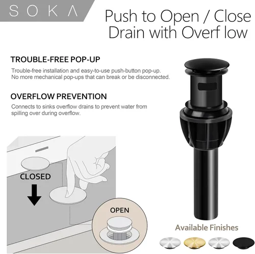 Miniatura 11 de SOKA - Grifo de baño de latón negro mate con tapón de desagüe emergente y placa de cubierta - Grifo monomando para RV con 1 o 3 agujeros