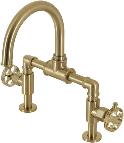 Kingston Brass KS2177RKX Webb - Grifo de baño con dos manijas y 2 agujeros para montaje en cubierta con mango moleteado y drenaje emergente de