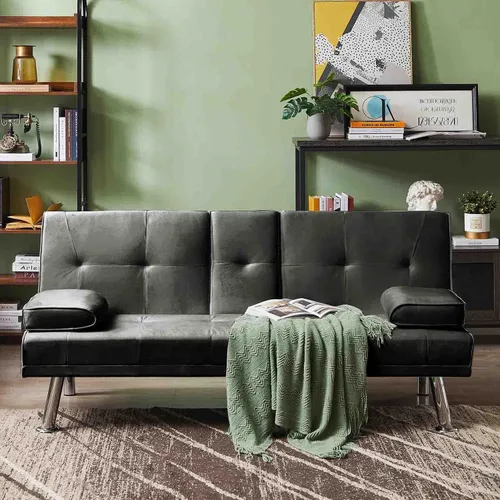 Miniatura 8 de Sofá cama futón de terciopelo con 2 portavasos y reposabrazos extraíbles, moderno sofá cama convertible con patas de metal, sofá biplaza tapizado