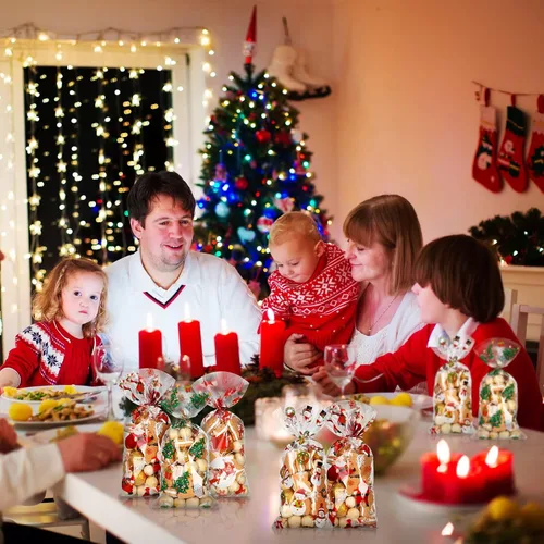 Miniatura 5 de Outus 100 piezas de bolsas de celofán de Navidad, bolsas de Navidad de plástico con lazos giratorios para dulces, galletas, golosinas, envoltorios