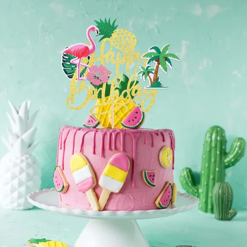 Miniatura 6 de 1 pieza de decoración de pastel de flamenco con purpurina para palmera, tortuga, hoja, flor, piña, flamenco, decoración para tartas tropicales