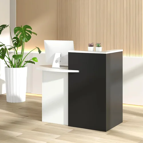 Miniatura 8 de Giantex Escritorio de recepción, mostrador delantero con cajón con cerradura, mesa de pago con mesa redonda, estante de esquina y estante ajustable