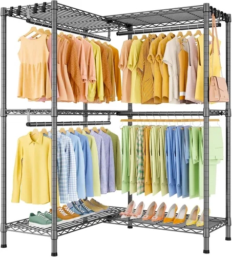Miniatura 13 de ULIFHOME E15 - Perchero en forma de L para esquina, perchero independiente para colgar ropa, organizador de armario resistente con 4 varillas