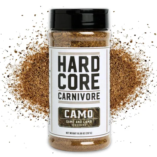 Hardcore Carnivore Camo - Condimento de caza salvaje y cordero (agitador de 10.5 onzas) Bold Texas-Made Spice Blend para venado, alce, pato, cordero