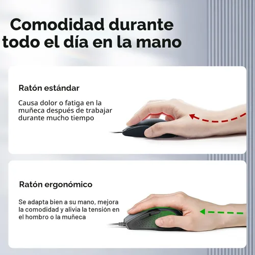 Miniatura 3 de Mouse óptico ergonómico USB alámbrico TeckNet Pro S2 para laptop, 6 botones, 2000DPI Gris